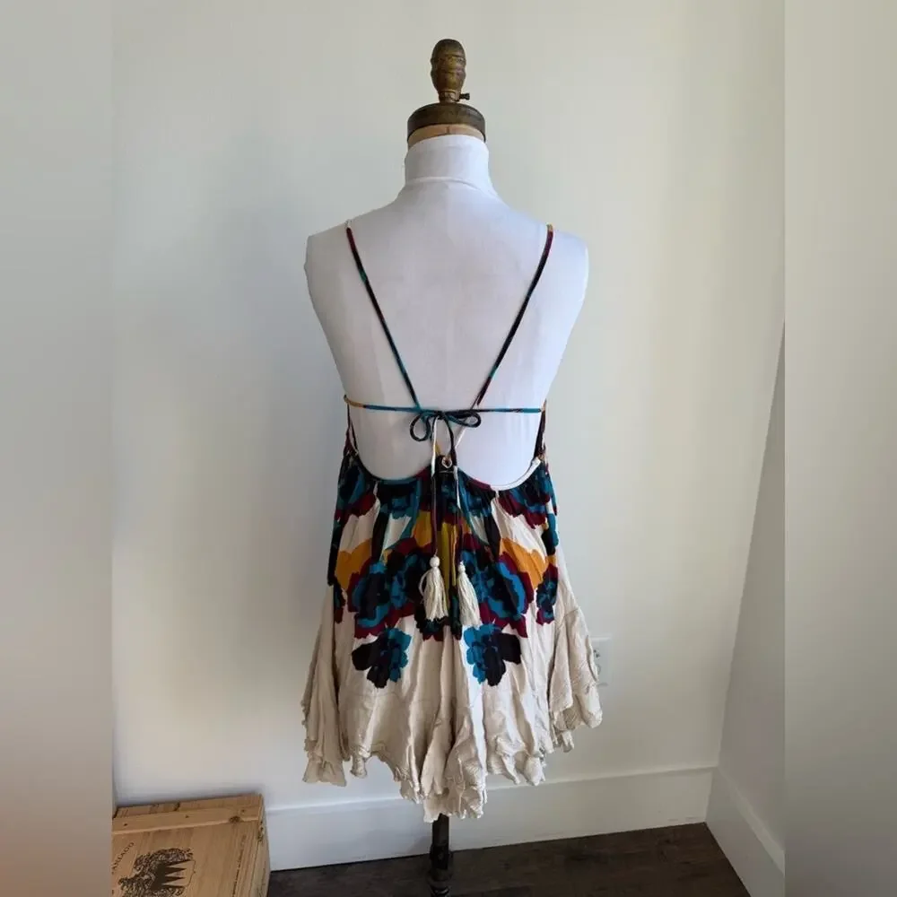 Free People Women's Sweet Lucy Slip Sun Dress Embroidered Tasseled Size XS Multi